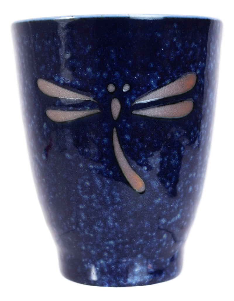 Japanese Zen Dragonfly Speckled Blue Porcelain 10oz Coffee Tea Cups Set of 4