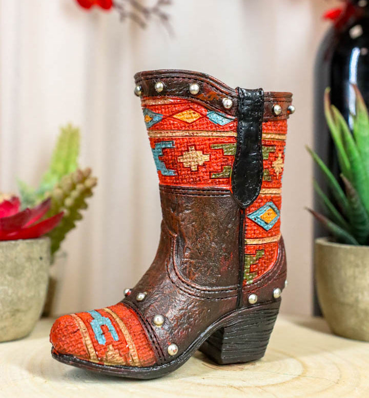 Rustic Western Cowboy Aztec Geometry Patterns Red Brown Boot Pen Holder Figurine