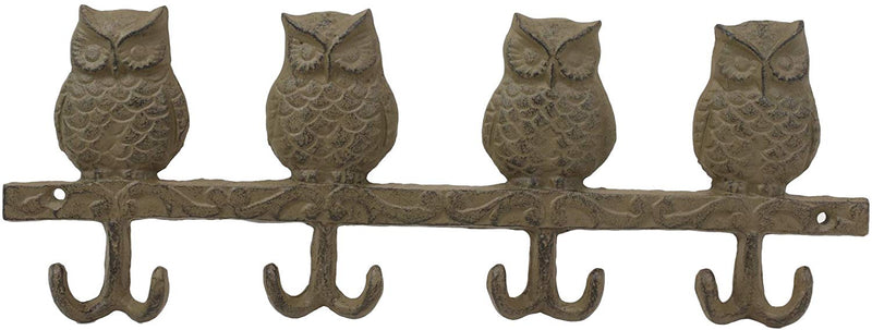 Ebros Cast Iron Rustic Anchors of Wisdom Great Horned Owls Family 8 Pegs Wall Hooks 11.5" Wide Hanger Nocturnal Bird Owl Themed Wall Mount Leash Coat Hat Keys Hook Decor Hanging Sculpture Plaque