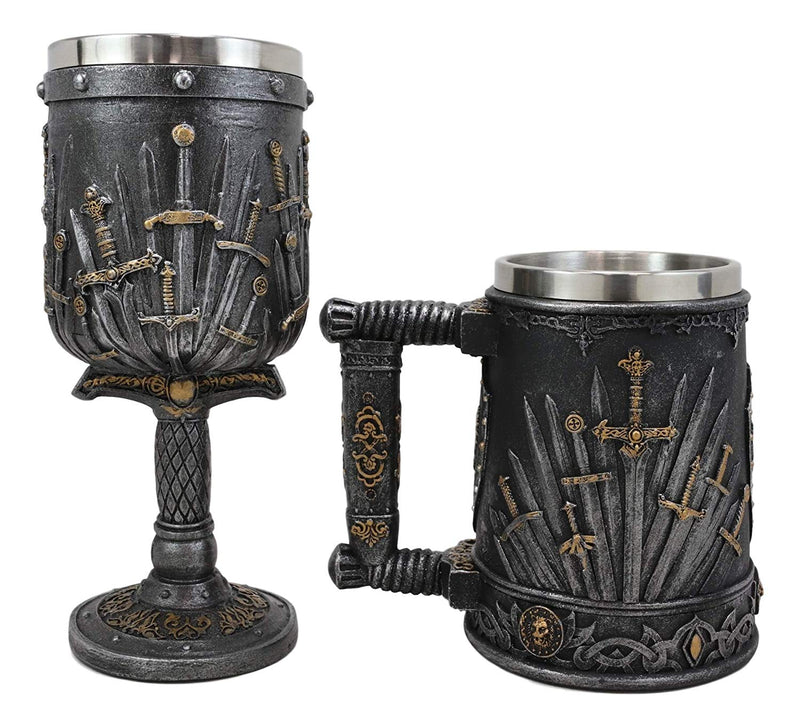 Set of 2 Medieval Dragons Iron Throne Of Valyrian Steel Swords Wine Goblet & Mug