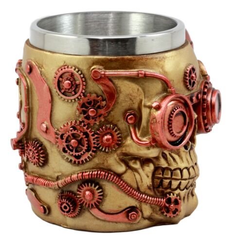 Golden Steampunk Detective Skull Coffee Mug Mechanical Gearwork Pipeline Design