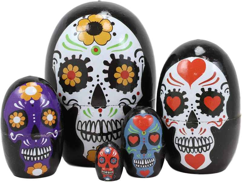 Ebros 5 Piece Set Colorful Sugar Skulls Nesting Dolls Matroyshka Wooden Figurine