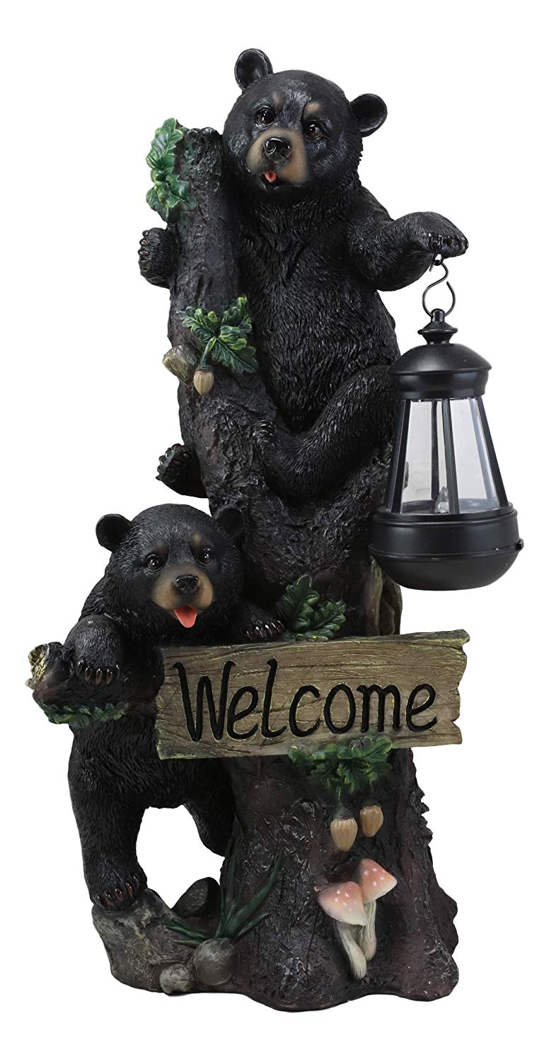 Ebros Climbing Black Bear Cubs Garden Light Welcome Statue Figurine Solar LED Lantern - Ebros Gift