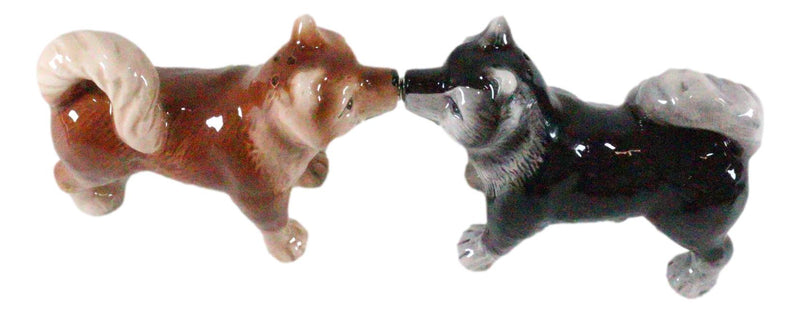 Ebros Animated Dog Siberian Huskies Salt and Pepper Shakers Ceramic Magnetic Figurine Set 4" L Pedigree Dogs Husky Breed Brown and Black Coat Kissing Collectible Figurines Kitchen Decorations - Ebros Gift