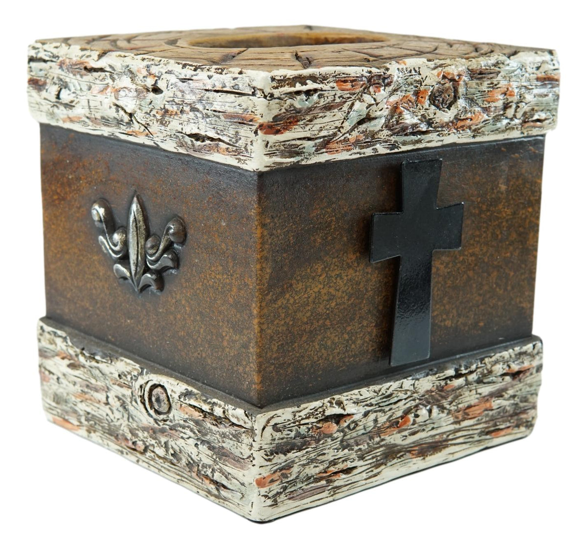 Rustic Western Fleur De Lis Cross With Birchwood Accent Tissue Box Holder Case