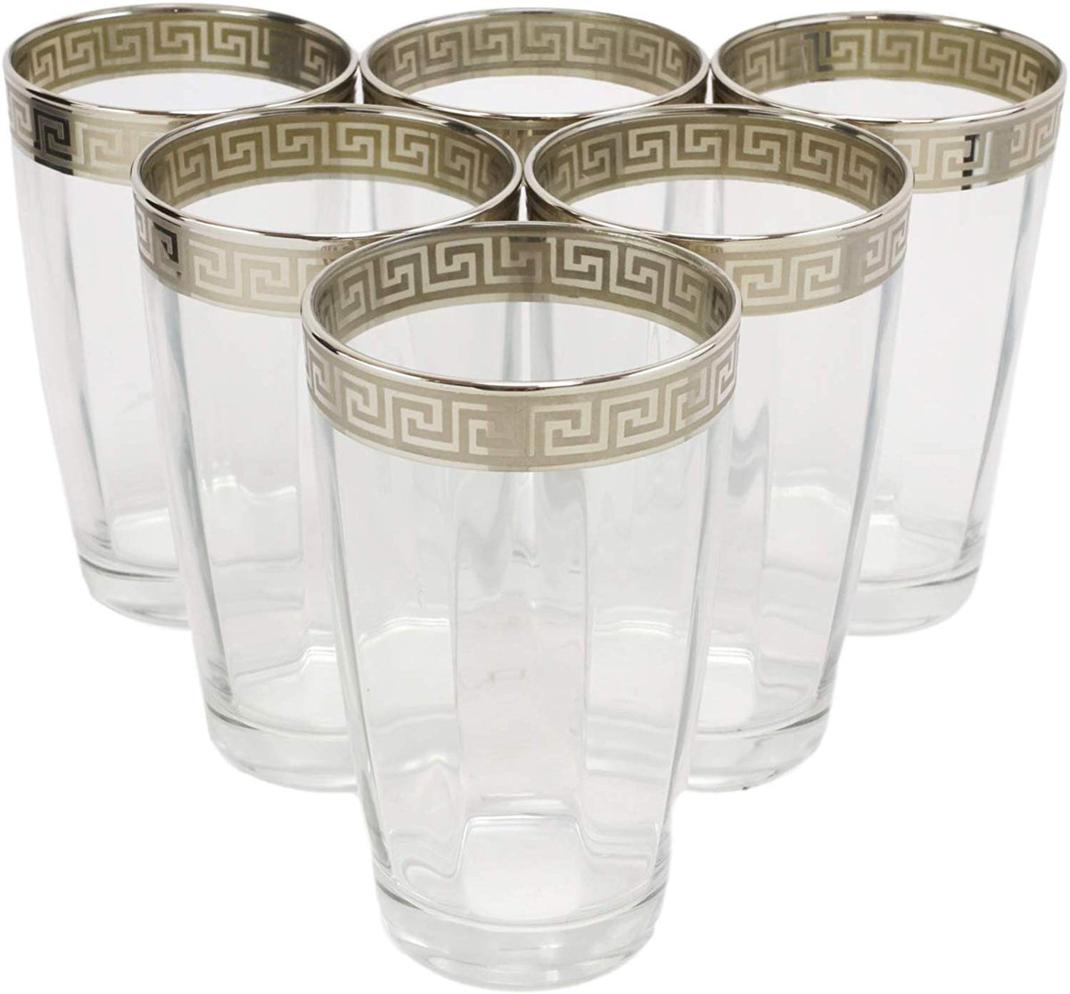 Ebros Silver Accented Meander Greek Fret Key Rim 16oz Highball Glass Set of 6