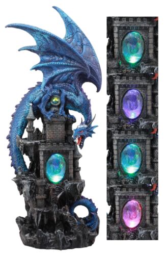 Ebros 20"H Blue Waterfall Spyro Dragon On Castle Statue LED Night Light Figurine