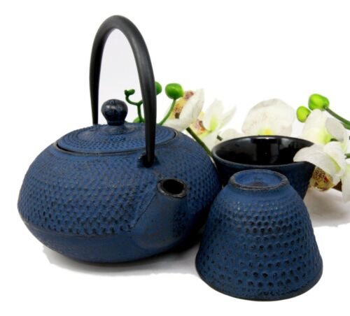 Japanese Blue Cast Iron Teapot Set With Trivet and Cups Serves 2 Dinnerware