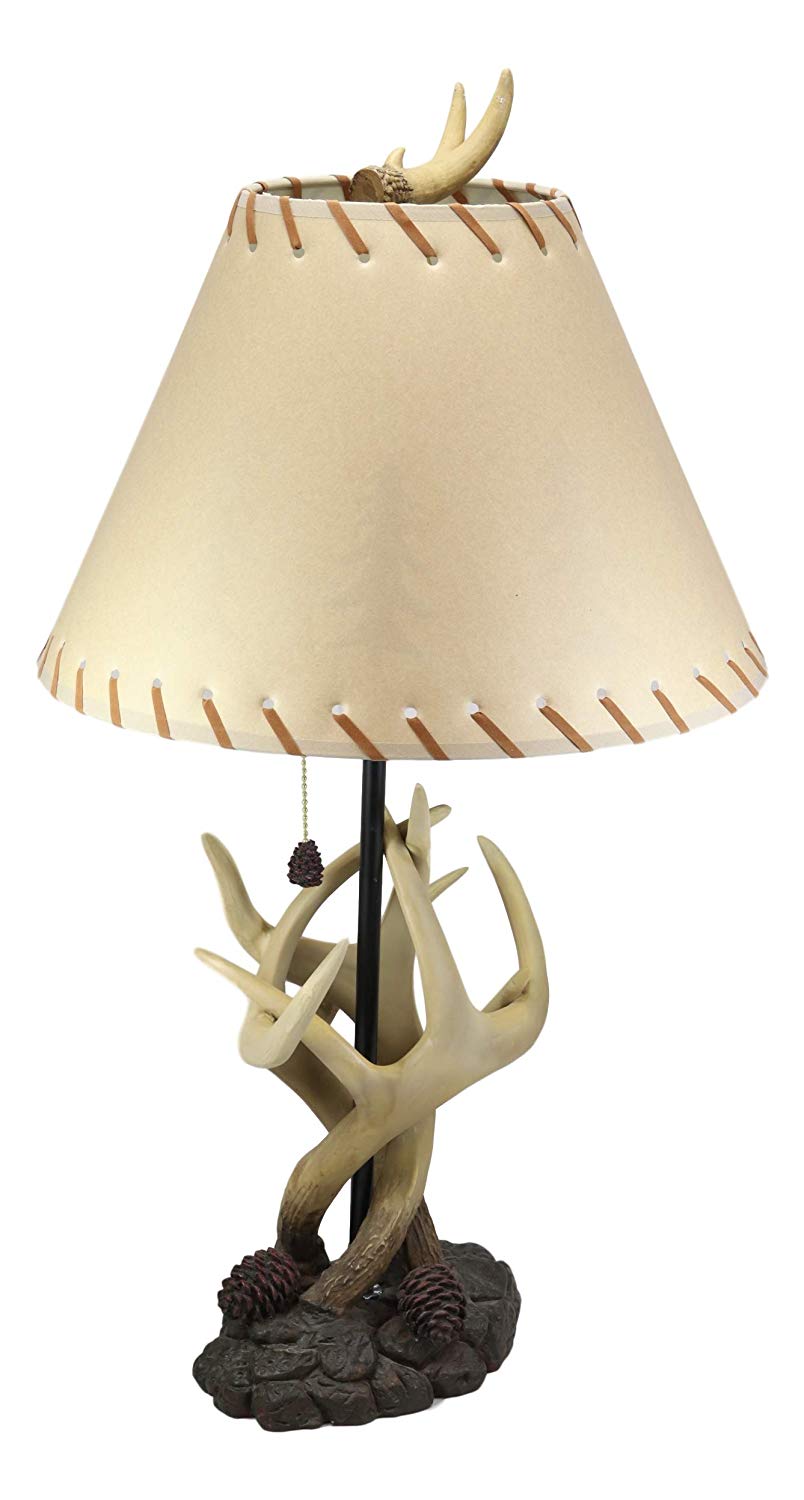 Ebros 26"H Rustic Vintage Design 3 Entwined Antlers And Pine Cones Table Lamp - Ebros Gift
