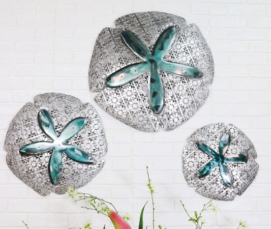 Ebros Silver Sand Dollar 3 Piece Large To Small Size Aluminum Metal Wall Decor