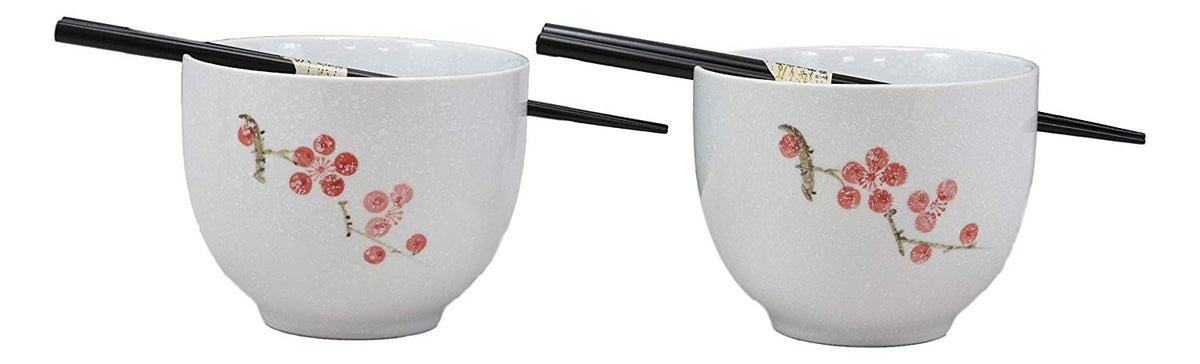 Ceramic Japanese Sakura Pink Cherry Blossoms Ramen Noodle Bowls Chopsticks Set 2