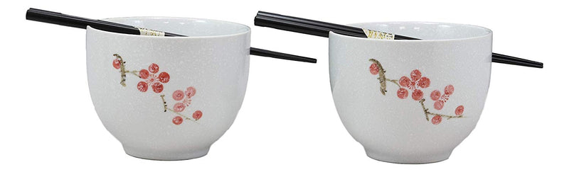 Ceramic Japanese Sakura Pink Cherry Blossoms Ramen Noodle Bowls Chopsticks Set 2