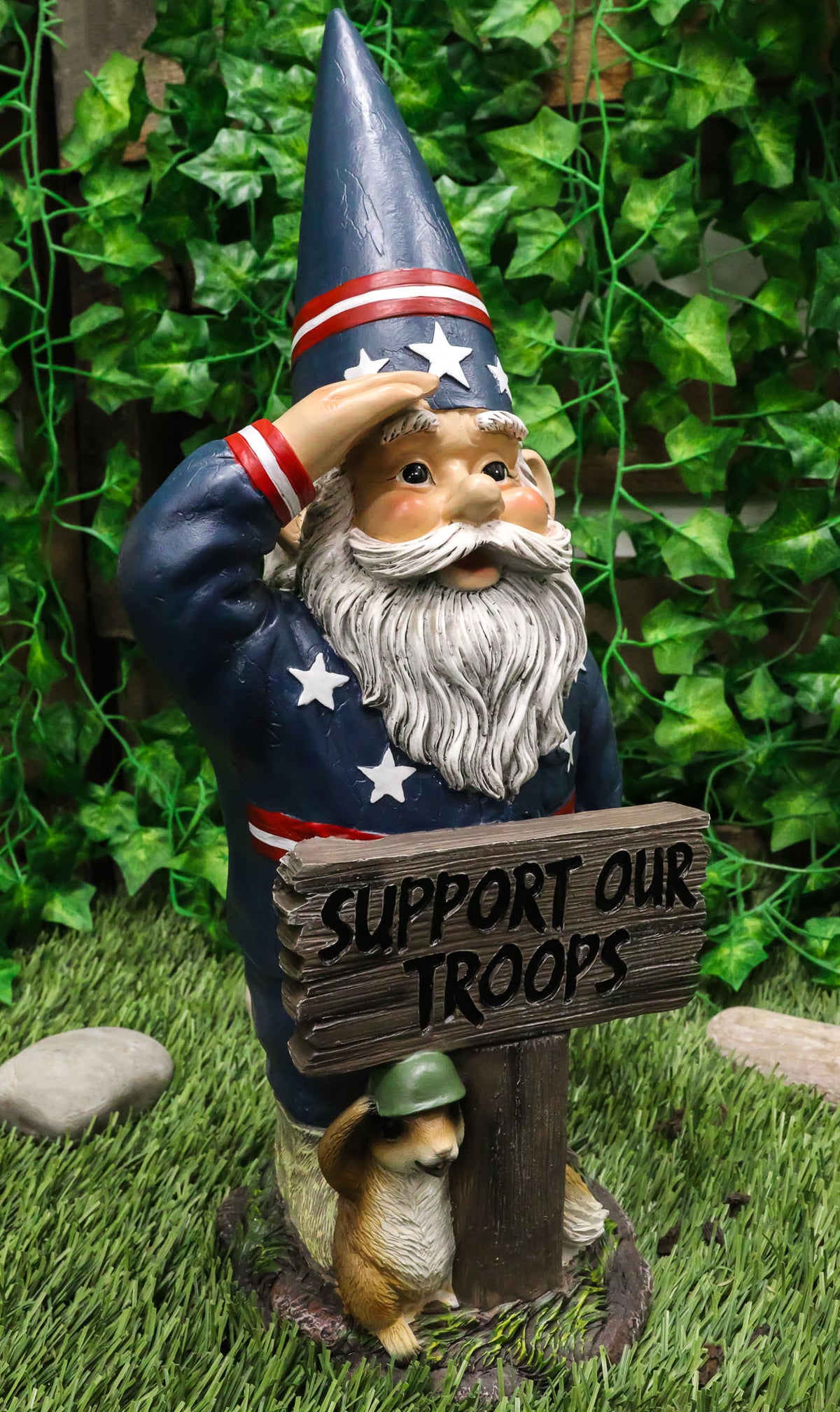Ebros Gift 17" Tall Americana USA Patriotic Gnome with Pet Squirrel in Military Salute Statue with Support Our Troops Sign American Flag Uniform Druid Dwarf Home Garden Patio Lawn Figurine - Ebros Gift