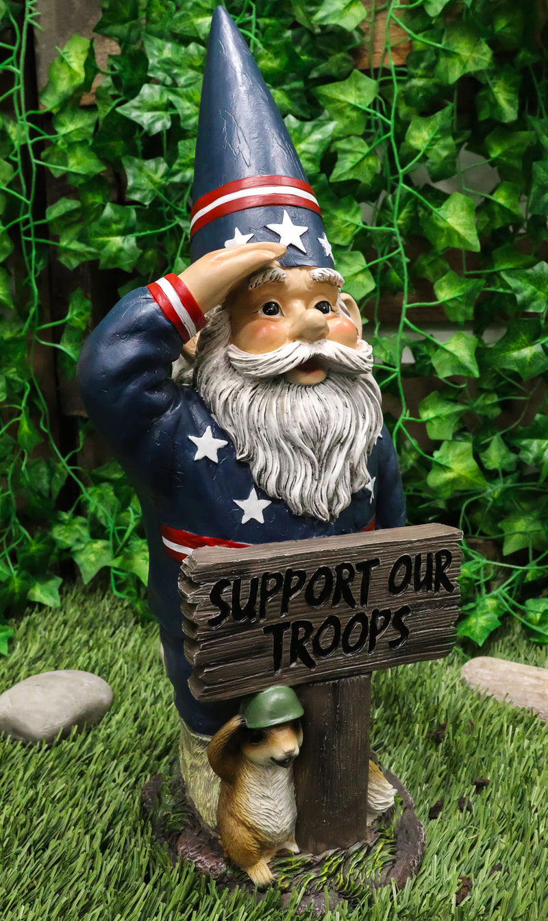 Ebros Gift 17" Tall Americana USA Patriotic Gnome with Pet Squirrel in Military Salute Statue with Support Our Troops Sign American Flag Uniform Druid Dwarf Home Garden Patio Lawn Figurine
