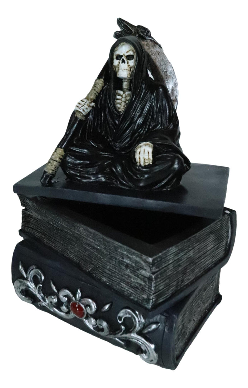 Ebros Macabre Grim Reaper With Scythe Sitting On Books Of Life Jewelry Box