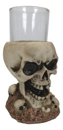 Set Of 4 Grinning Giant Skull With Missing Tooth On Graveyard Shot Glass Shooter