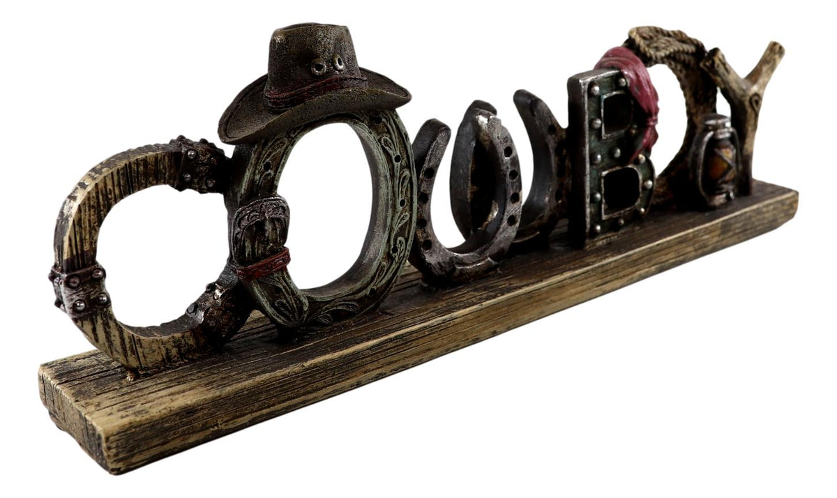 Rustic Western Cowboy Sign Ropes Hat Horseshoes Faux Barnwood Desktop Plaque
