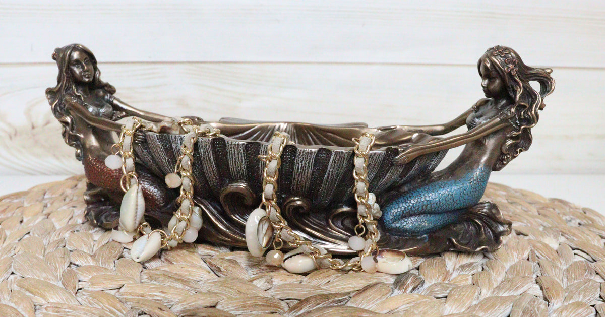 Ebros Coastal Decor Two Mermaids Soap Dish Figurine 9.75"Long Twin Mermaids With Oyster Shell Jewelry Dish