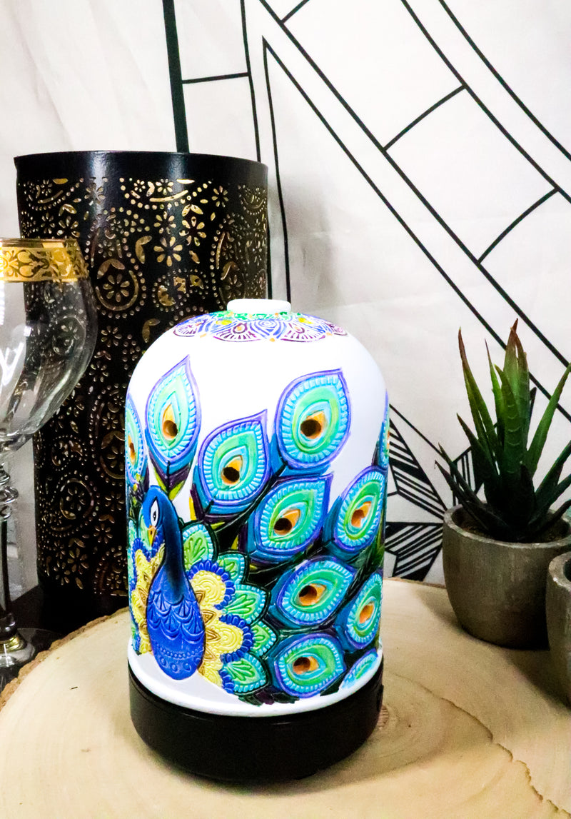Ebros Beautiful Wildlife Peacock Train Aroma Oil Diffuser With Colorful LED Lights
