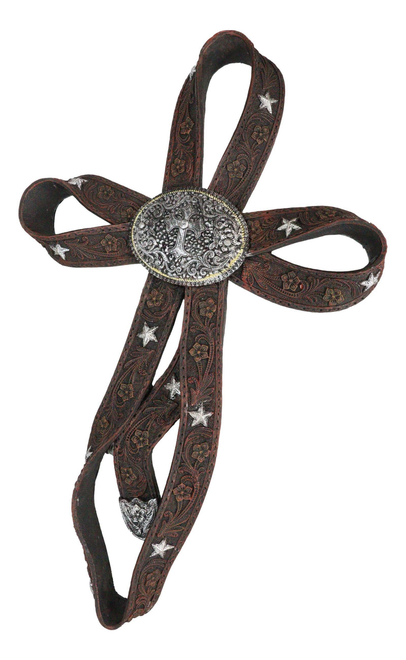 Rustic Western Cowboy Faux Tooled Leather Ribbon Belt Buckle Concho Wall Cross