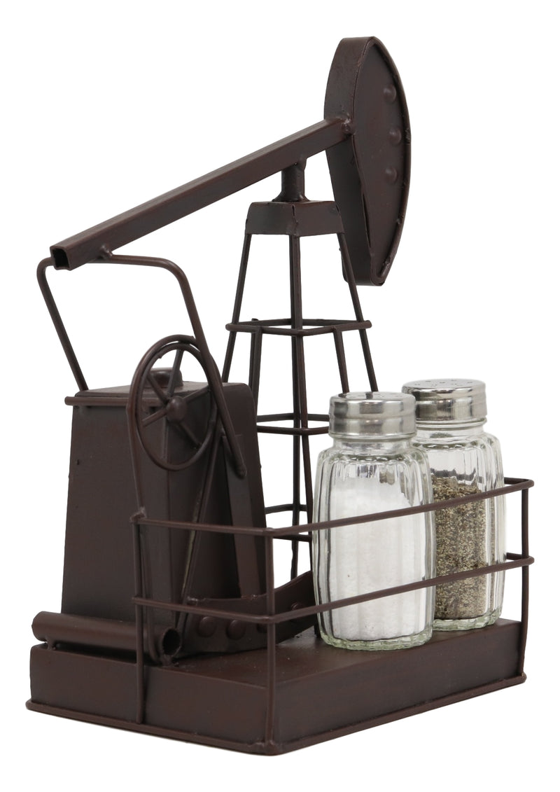 Ebros Vintage Metal Oil Derrick Rig Pump Glass Salt And Pepper Shakers Carrier Holder