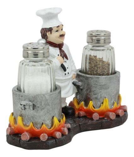 Ebros French Chef with Flaming Double Cauldron Pots Salt & Pepper Shakers Holder