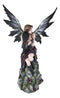 Necromancy Gothic Black Fairy With Raven Crow Sitting On Rock Figurine 15.25"H