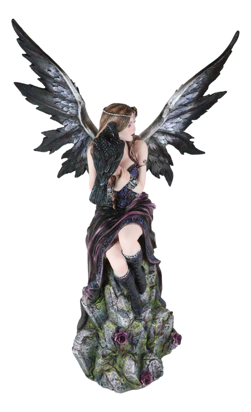 Necromancy Gothic Black Fairy With Raven Crow Sitting On Rock Figurine 15.25"H