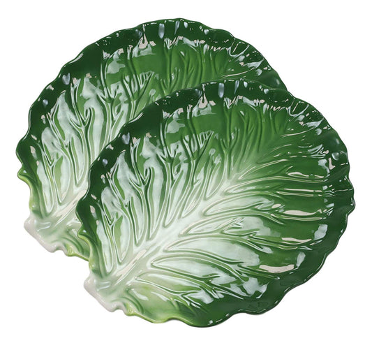 Ebros Ceramic Iceberg Lettuce Leaf Serving Platter Dinner Plate Vegetable Accent Dish 10.75"Wide For Salads Veggies Fruits Entrees Kitchen Dining Essentials Accessory (2) - Ebros Gift