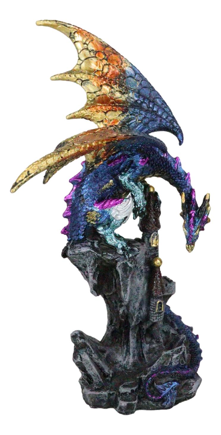 Metallic Blue Iridescent Dragon Protecting Castle On Mountain Cliff Figurine