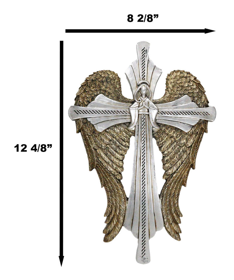 Rustic Western Faux Tooled Silver Praying Angel With Golden Wings Wall Cross