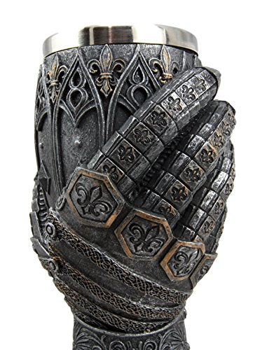 Ebros Gift Royal Fleur De Lis Braveheart Lion Gauntlet 8.75"H 8oz Wine Drink Goblet Chalice Cup