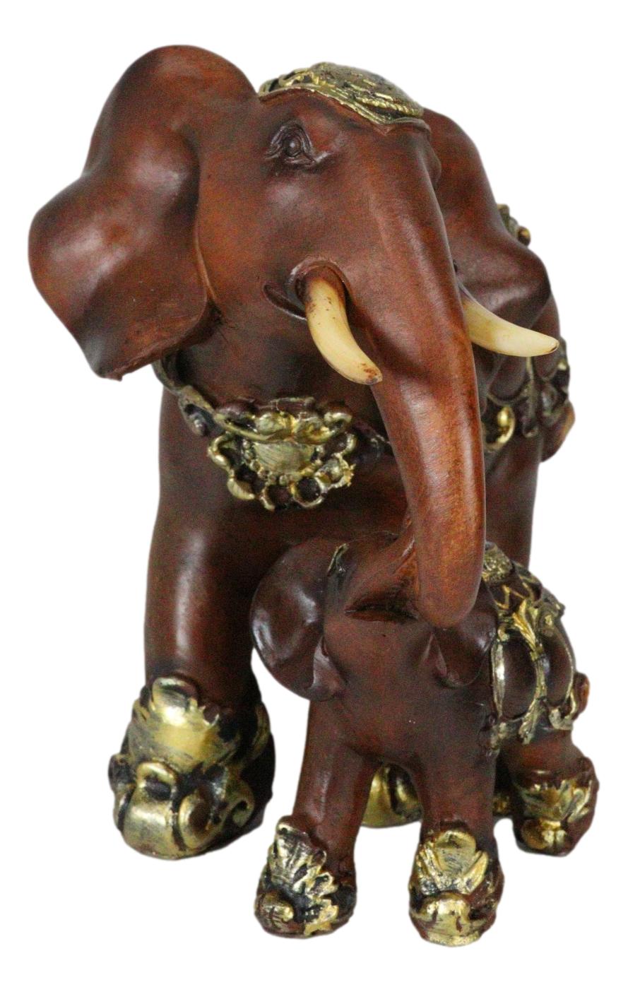 Thai Buddhism Noble Wood Finished Resin Mother Elephant With Calf Figurine Decor - Ebros Gift