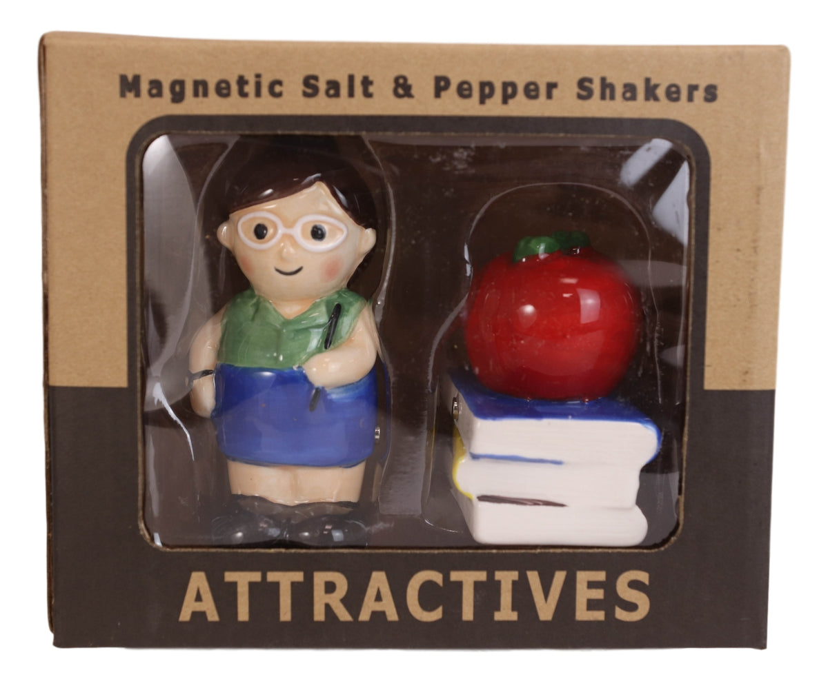 Ceramic Lady School Teacher And Red Apple Books Salt Pepper Shakers Figurine Set