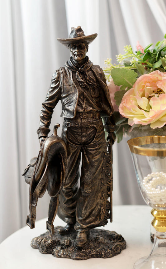 Old World Rustic Western Cowboy Holding Horse Saddle and Rifle Gun Statue 12"H - Ebros Gift