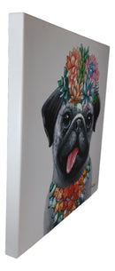 Colorful Hawaiian Pug Puppy With Flowers Canvas Wooden Picture Frame 20"X20"