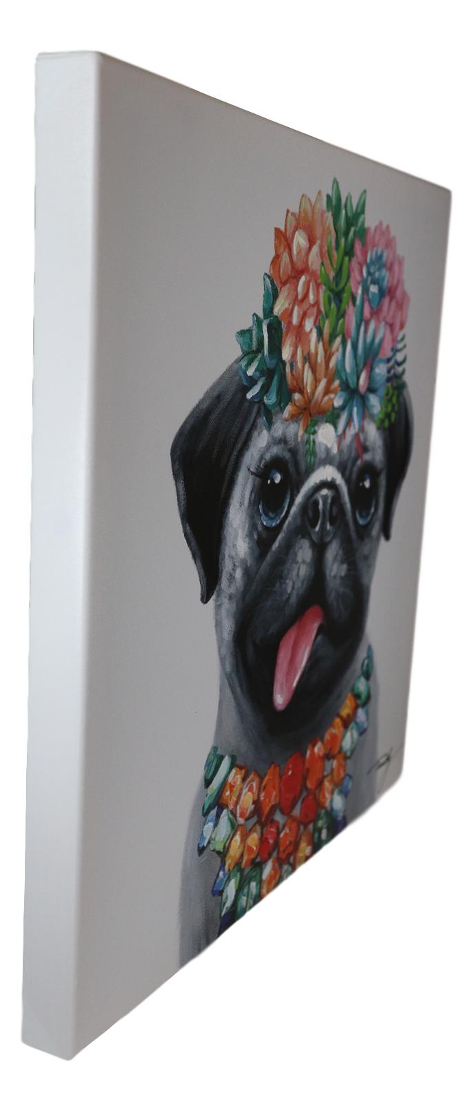 Colorful Hawaiian Pug Puppy With Flowers Canvas Wooden Picture Frame 20"X20"