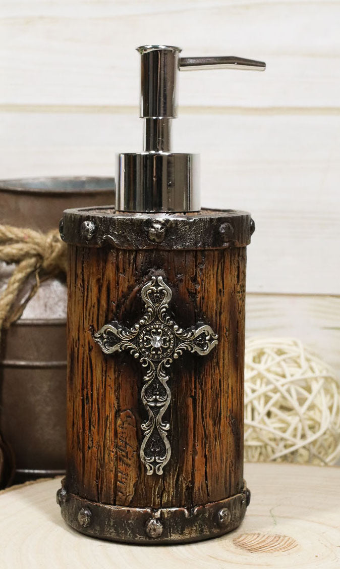 Rustic Western Scroll Filigree Silver Cross Faux Wood Liquid Soap Pump Dispenser
