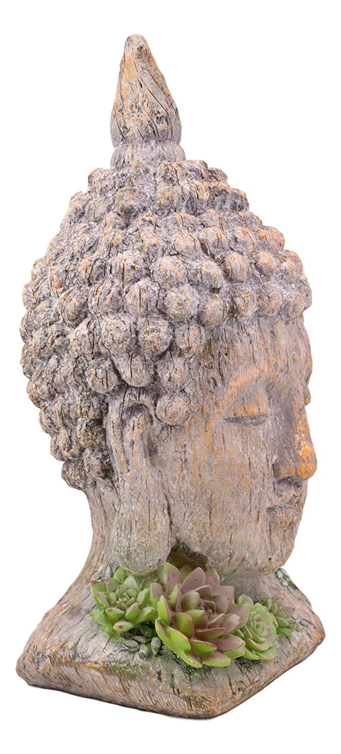 Ebros Shakyamuni Buddha Gautama Ushnisha Head with Floral Succulents Statue 14.75" Tall in Aged Rustic Faux Wood Finish Amitabha Buddhism Bodhisattva Figurine Feng Shui Zen Altar Decoration