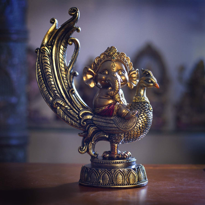 Ebros Hindu Elephant God Lord Ganesha on Peacock Lord of Success Figurine Statue