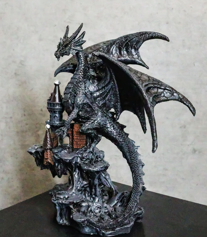 Gargantuan Stone Dragon Guarding Medieval Castle On Mountain Steppes Figurine