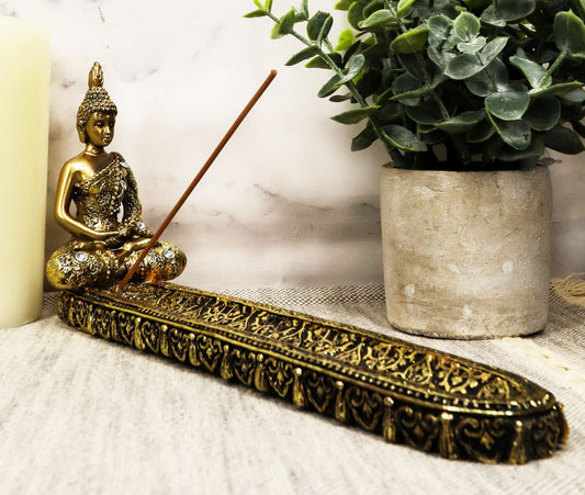 Golden Thai Buddha Amitabha Meditating in Dhyana Mudra Incense Holder Statue