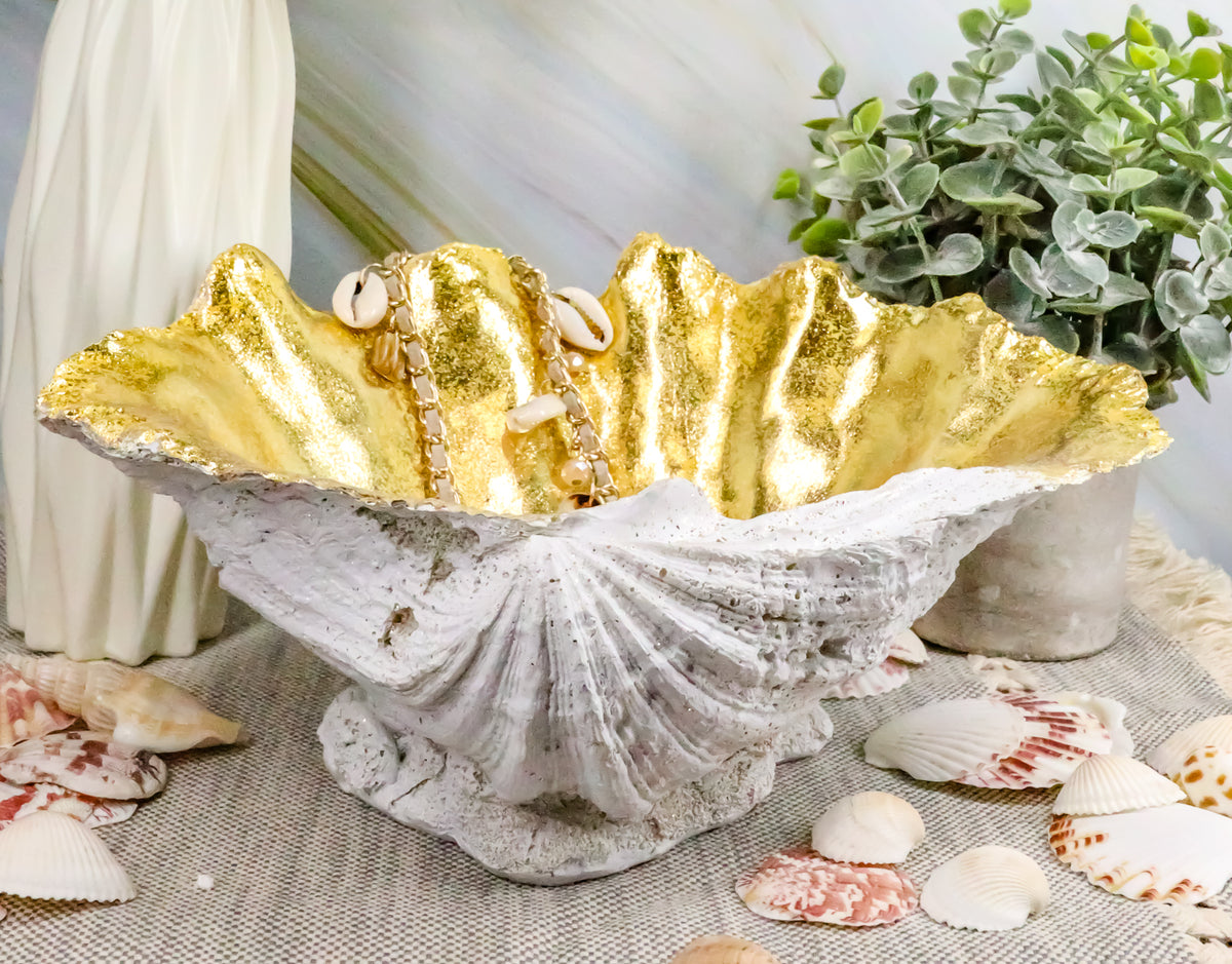 Ebros 10" L Golden Nautical Giant Clam Shell Jewelry Dish Bowl Holder Statue