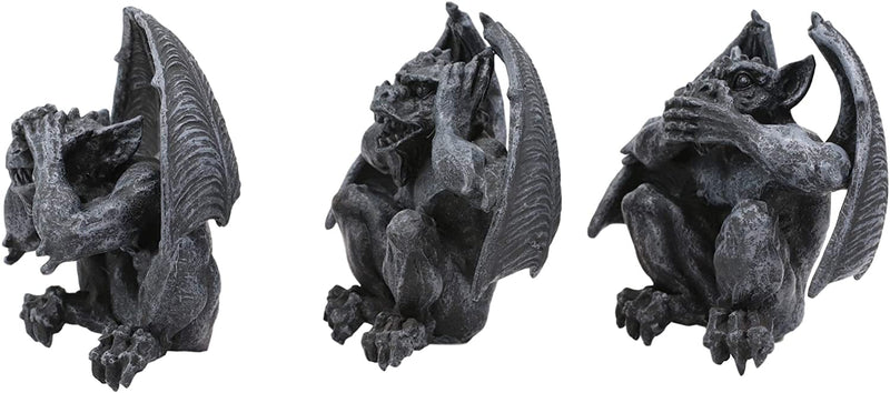 Ebros Winged See Hear Speak No Evil Squatting Gargoyle Shelf Sitters 3.75" Tall