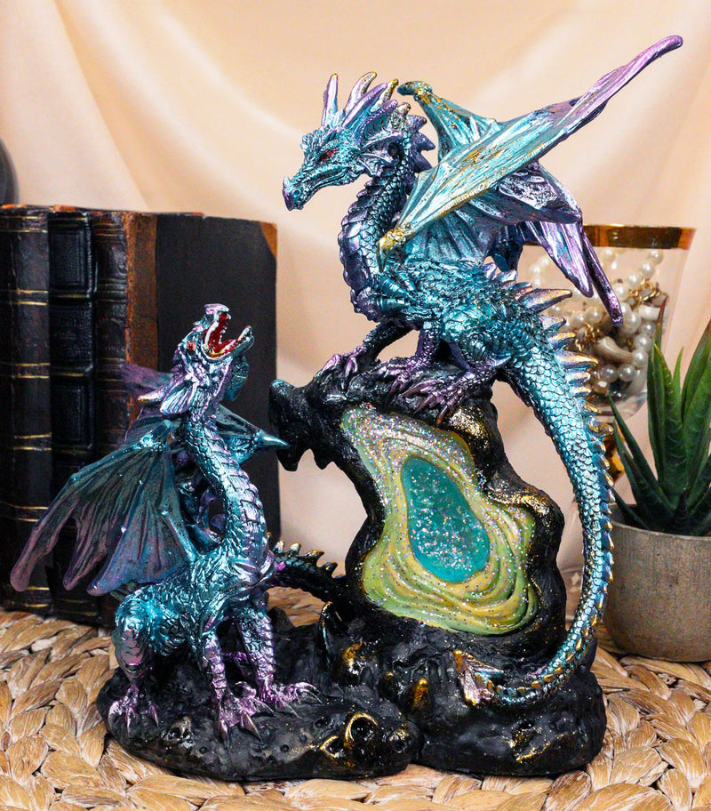 Dueling Dragons Family On Faux Emerald Quartz Geode LED Light Mountain Figurine