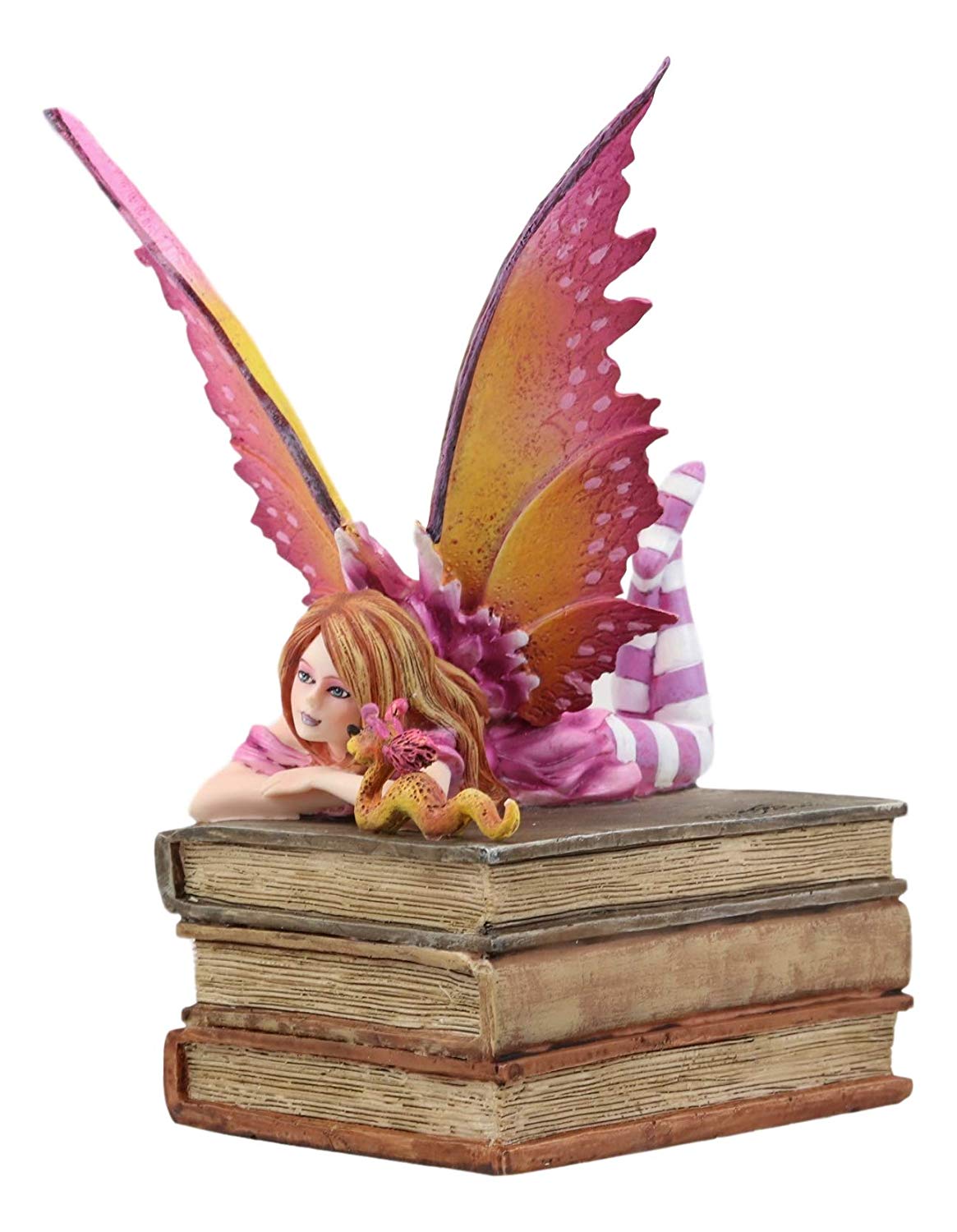 Ebros Amy Brown Autumn Pink Book Club Fan Fairy with Wyrmling Dragon On A Stack of Books Statue 7" High Fantasy Mythical Reading Faery FAE Magic Watercolor Collectible Decor Figurine - Ebros Gift