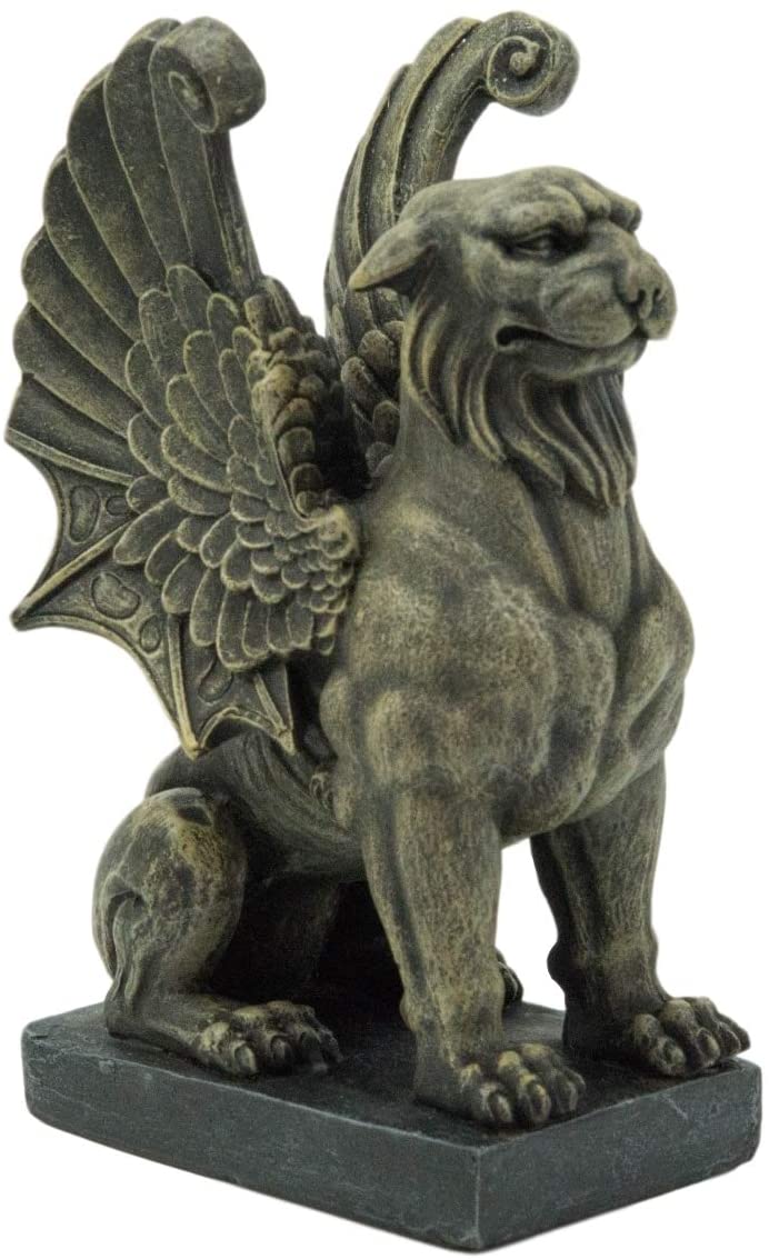 Ebros Lion Gargoyle with Griffin Wings Crouching On Pedestal Statue 6.5" Tall