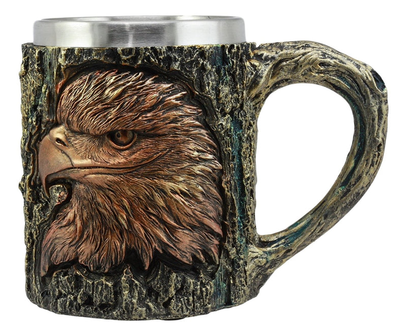 Ebros The Surveyor Wildlife Majestic Bald Eagle Coffee Mug With Rustic Tree Bark Body Design In Painted Bronze Finish 12oz Drink Beer Stein Tankard Cup