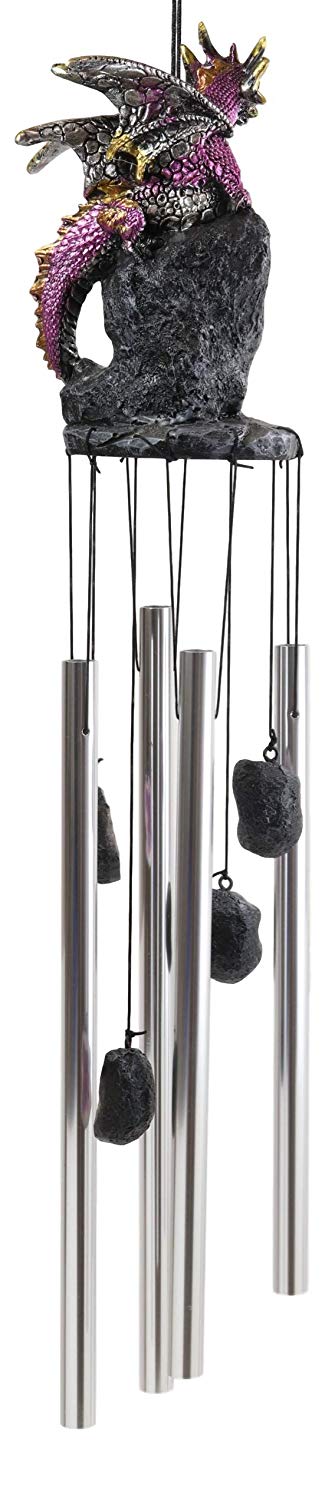 Medieval Purple Dragon Guarding Topaz Crystal Geode Rock Figurine Wind Chime