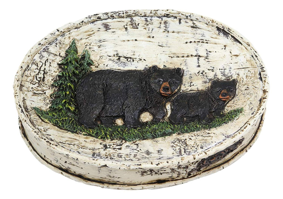Ebros Rustic Black Bear in Pine Tree Bathroom Bar Soap Dish W/ Birch Wood Finish - Ebros Gift
